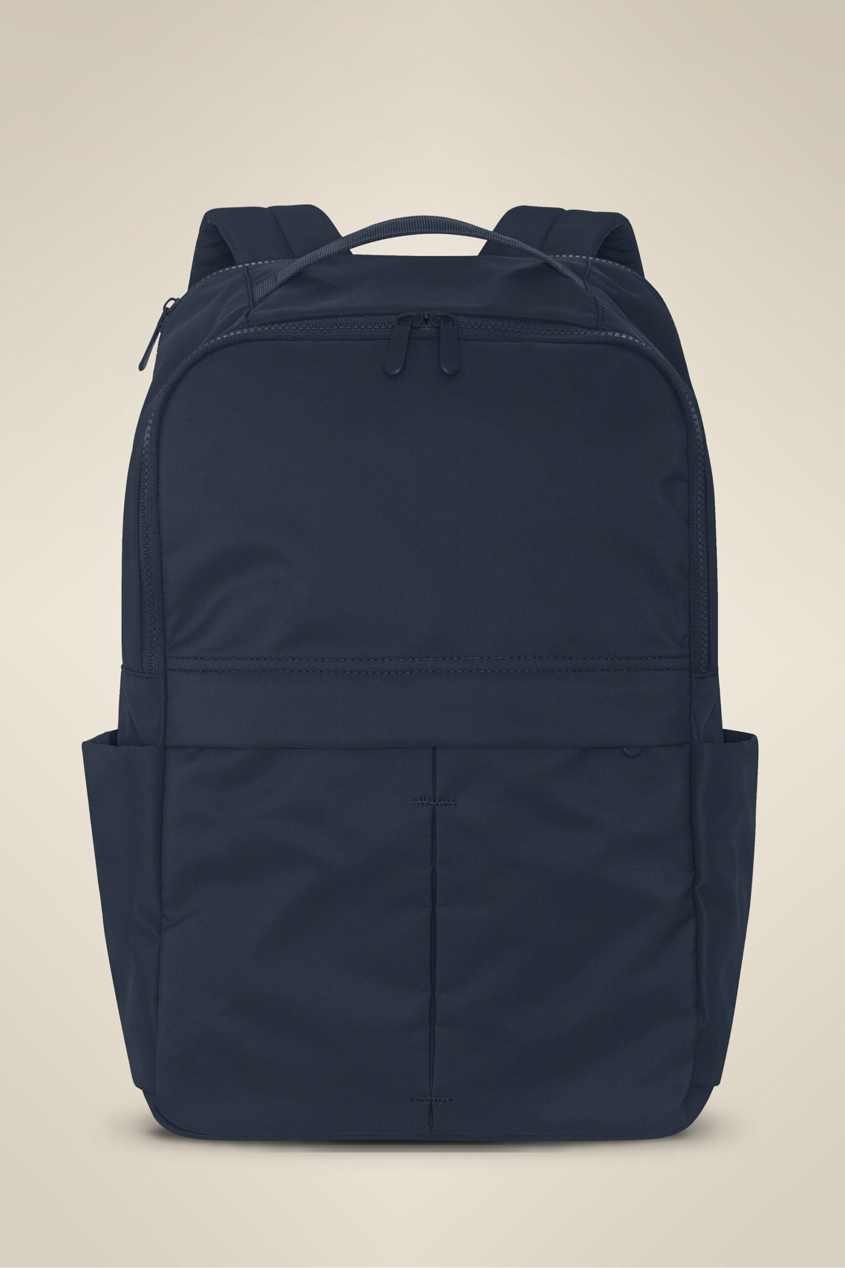 Matte laptop backpack Canada with padded sleeve, pleated front pocket, and trolley strap – 22 L smooth polyester bag.
